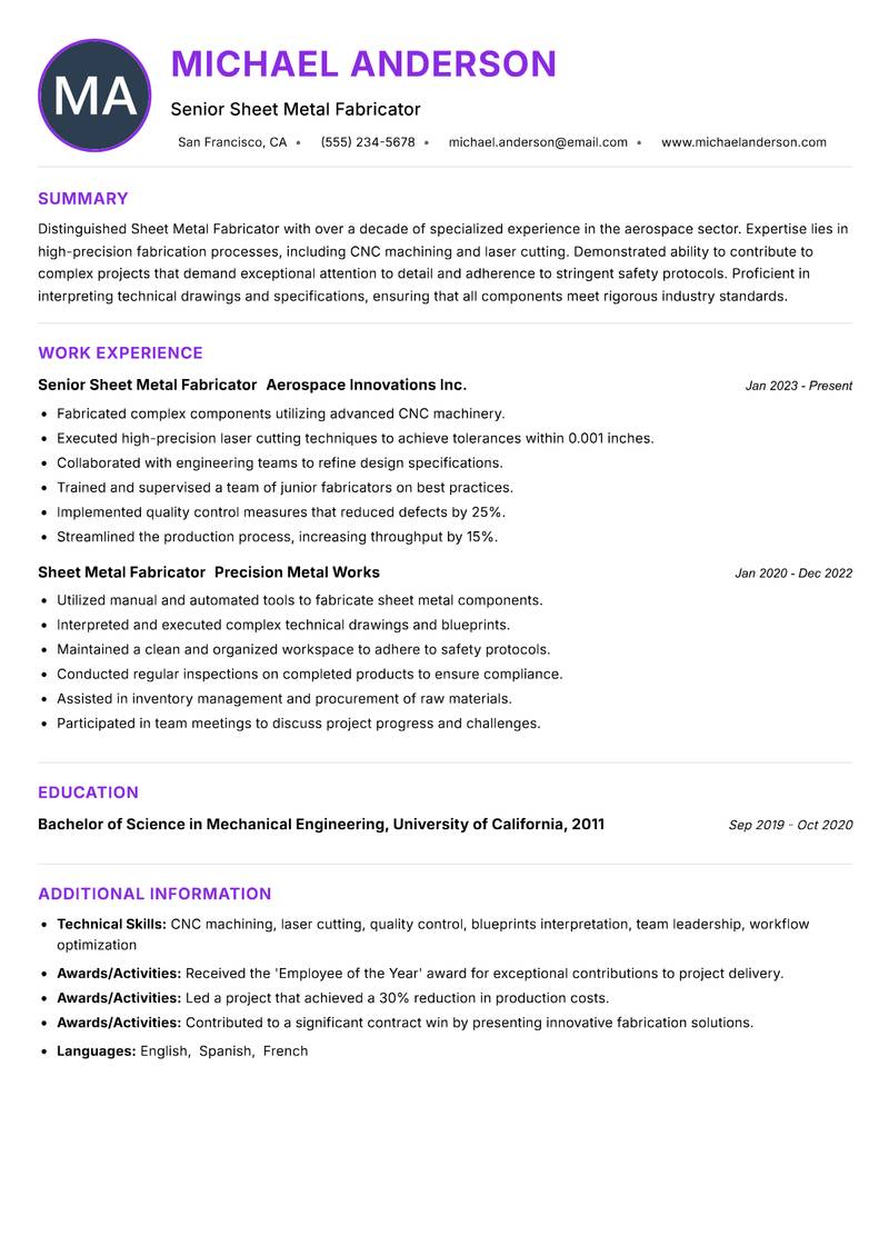 Sheet Metal Fabricator resume example