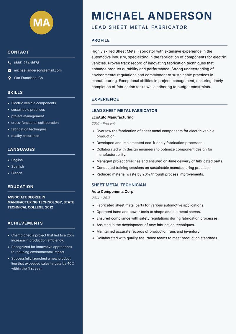 Sheet Metal Fabricator resume sample — Lead Sheet Metal Fabricator focus