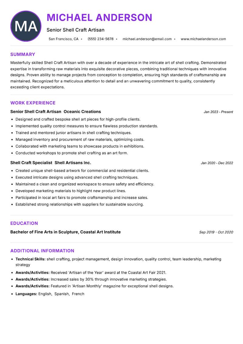 Shell Craft Artisan resume example