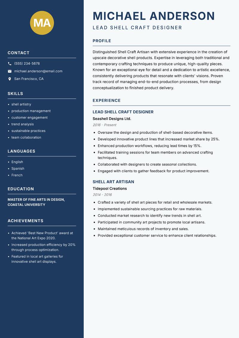 Shell Craft Artisan resume sample — Lead Shell Craft Designer focus