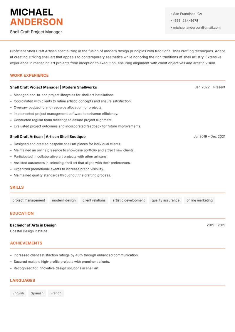 Shell Craft Artisan resume sample — Shell Craft Project Manager focus