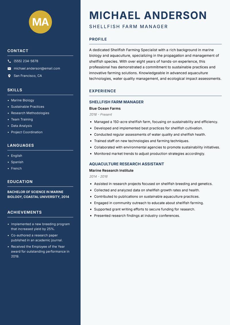 Shellfish Farming Specialist resume sample — Shellfish Farm Manager focus