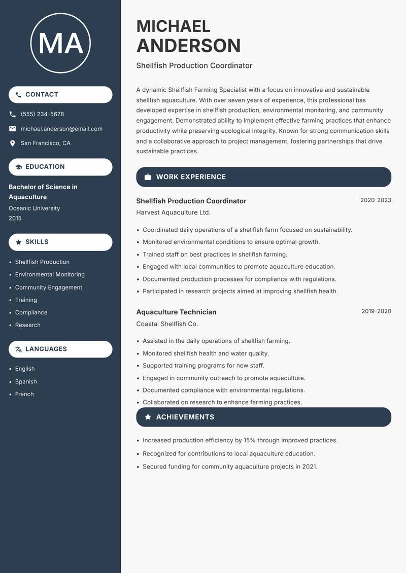 Shellfish Farming Specialist resume sample — Shellfish Production Coordinator focus