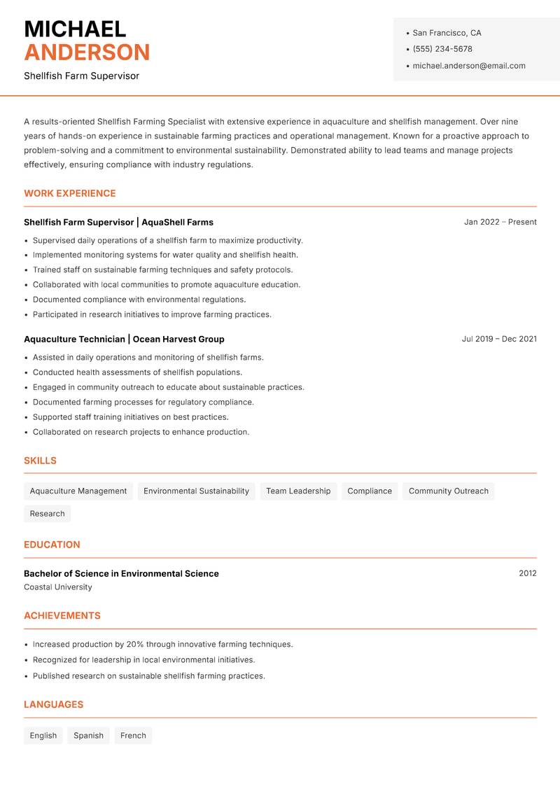 Shellfish Farming Specialist resume sample — Shellfish Farm Supervisor focus