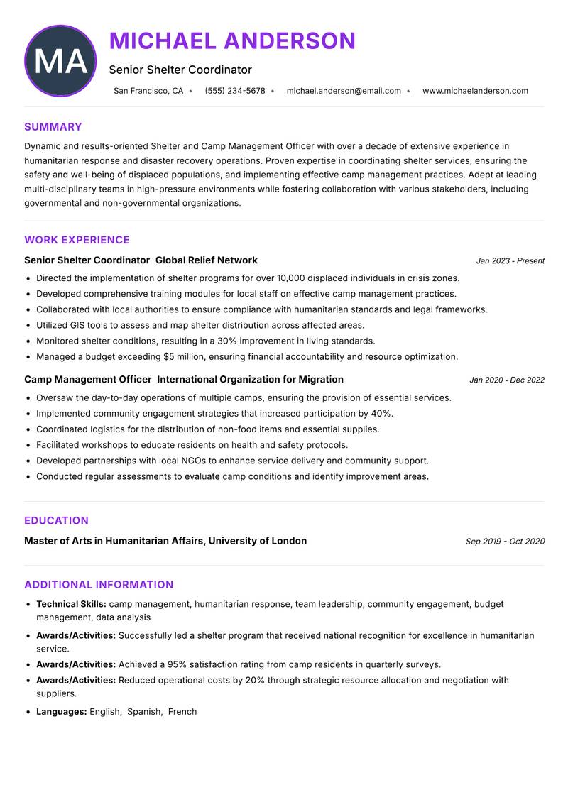 Shelter and Camp Management Officer resume example