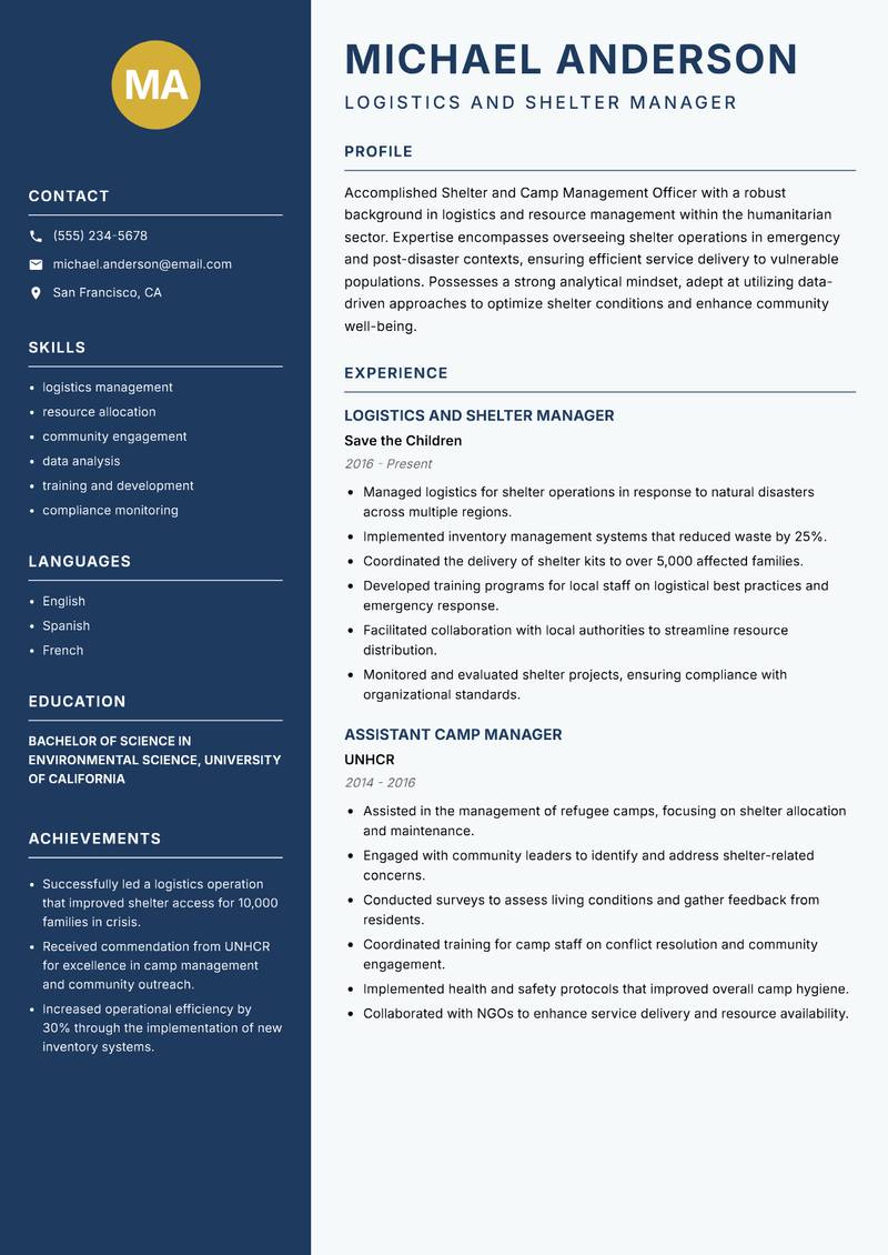 Shelter and Camp Management Officer resume sample — Logistics and Shelter Manager focus