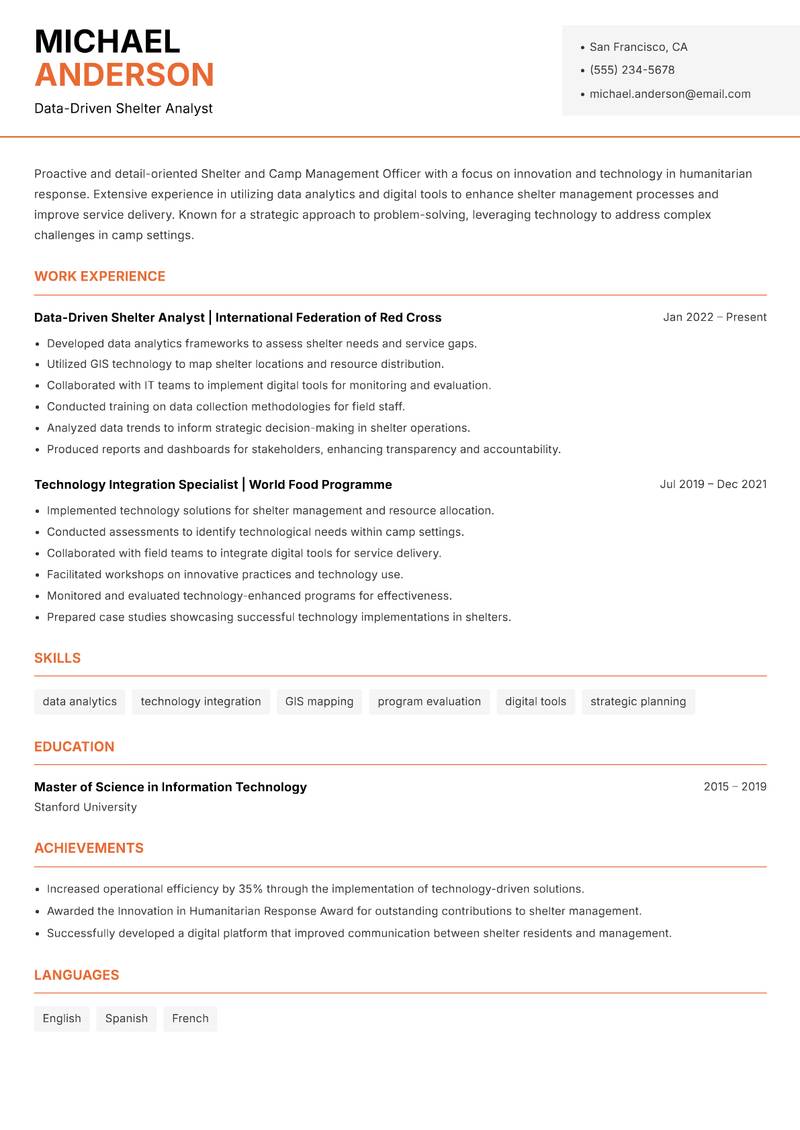 Shelter and Camp Management Officer resume sample — Data-Driven Shelter Analyst focus