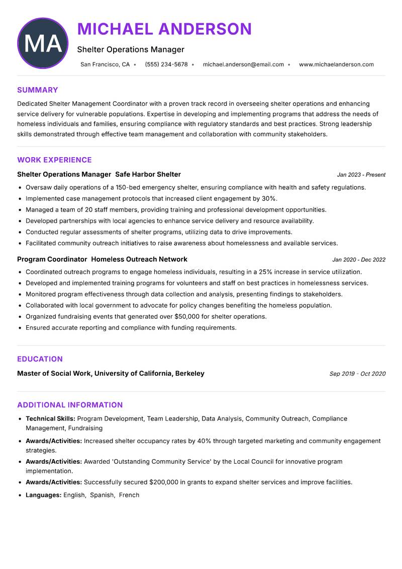 Shelter Management Coordinator resume example