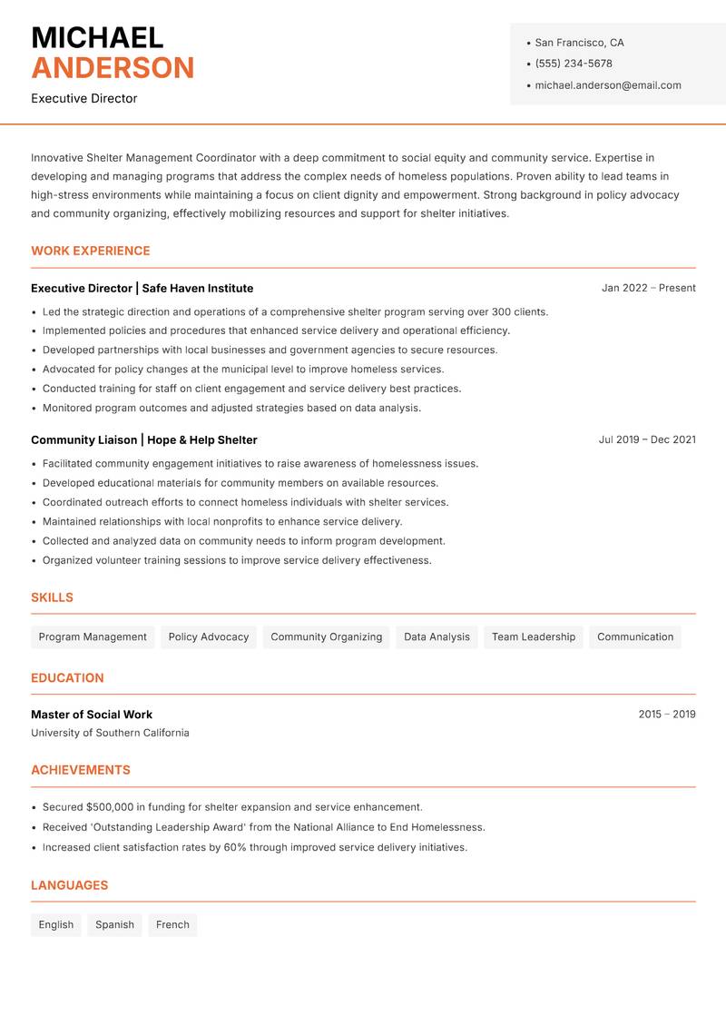 Shelter Management Coordinator resume sample — Executive Director focus