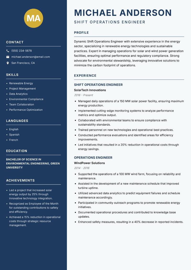 Shift Operations Engineer Power Plant resume sample — Shift Operations Engineer focus