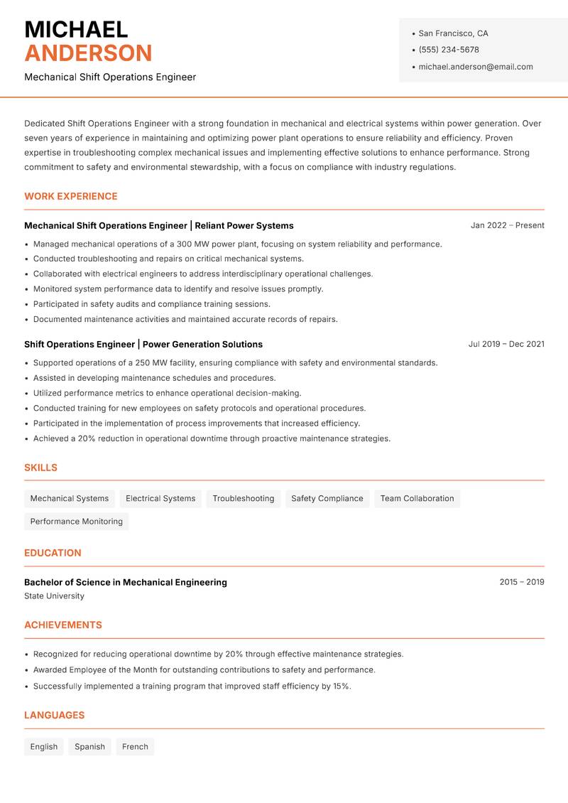 Shift Operations Engineer Power Plant resume sample — Mechanical Shift Operations Engineer focus