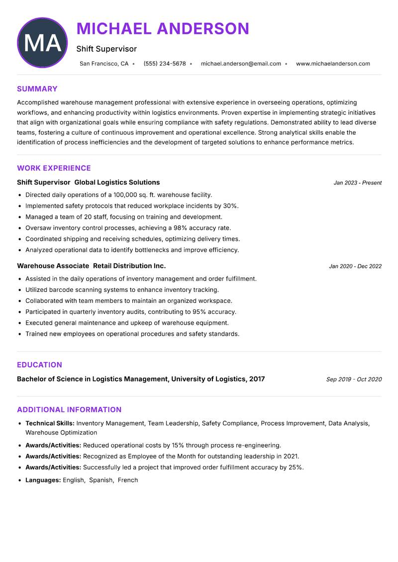 Shift Supervisor Warehouse resume example