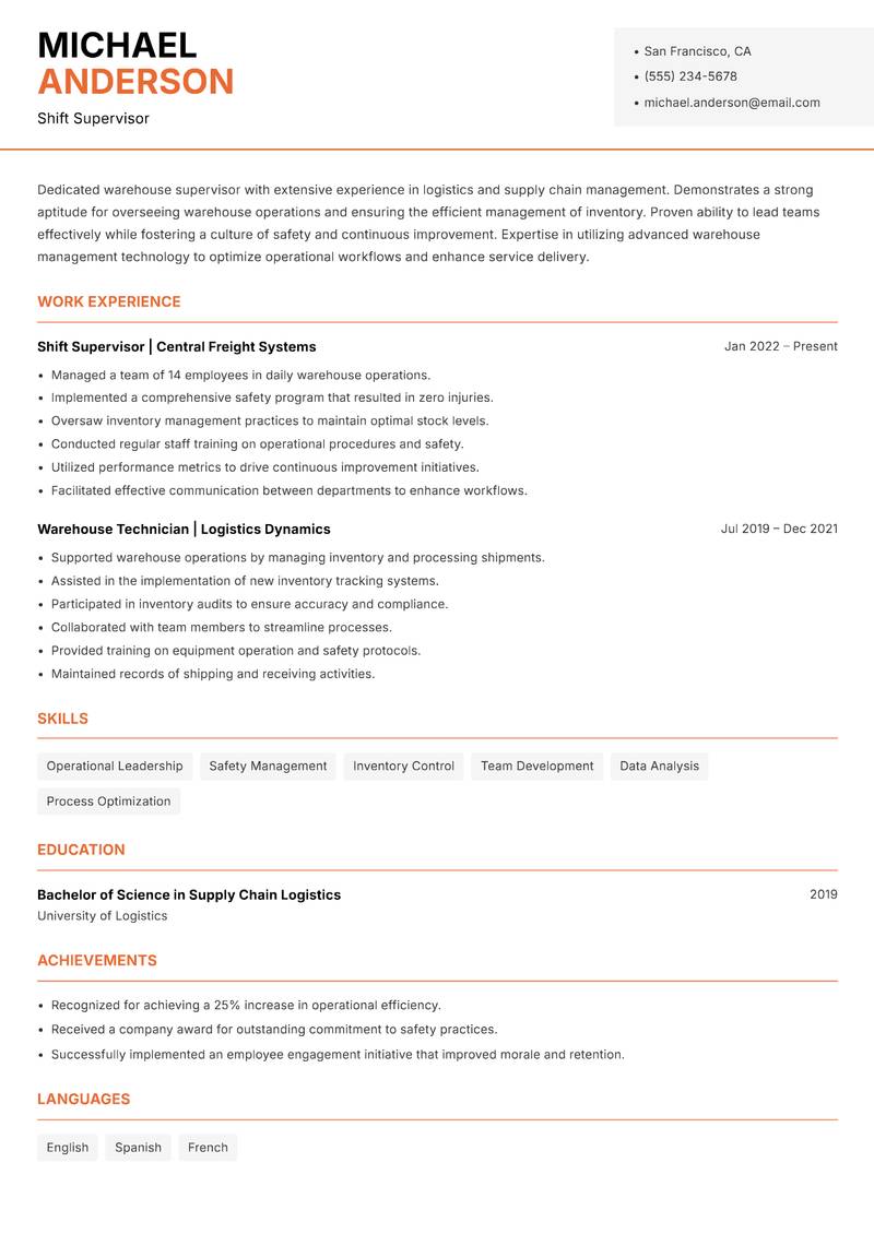 Shift Supervisor Warehouse resume sample — Shift Supervisor focus