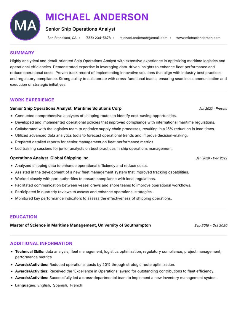 Ship Operations Analyst resume example