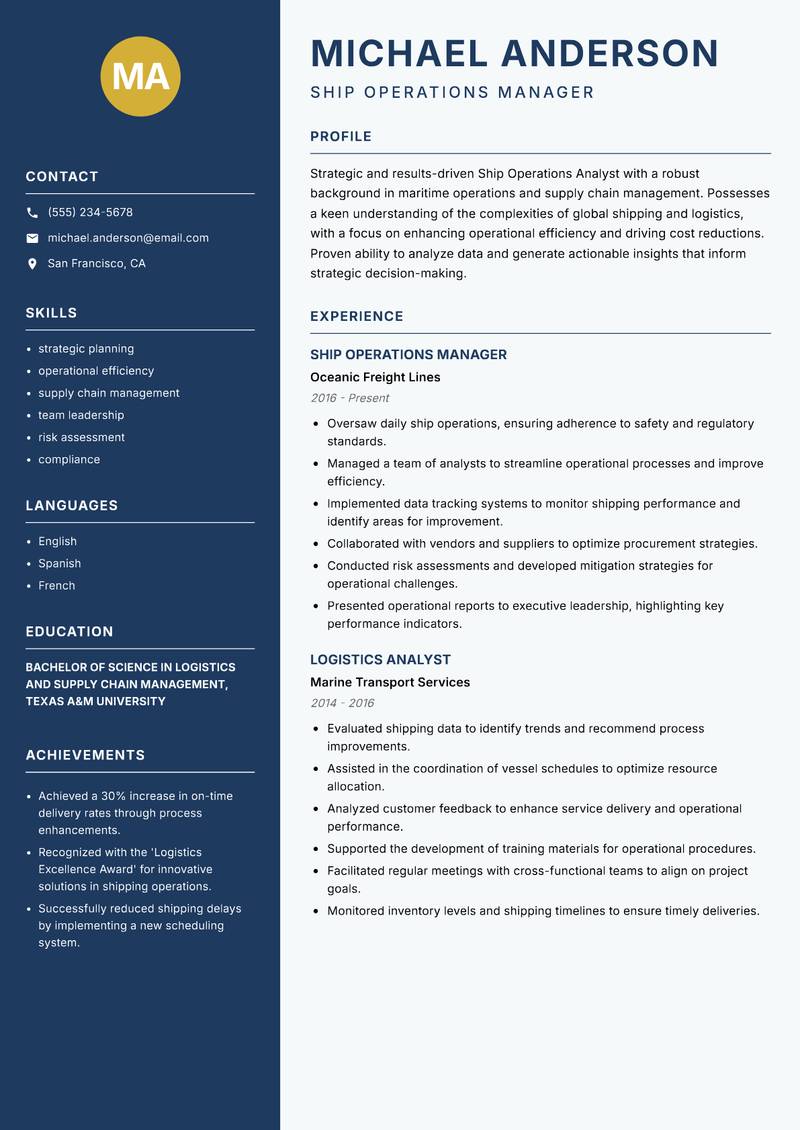 Ship Operations Analyst resume sample — Ship Operations Manager focus