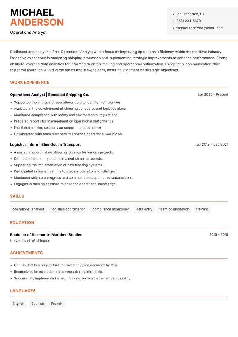 Ship Operations Analyst resume sample — Operations Analyst focus