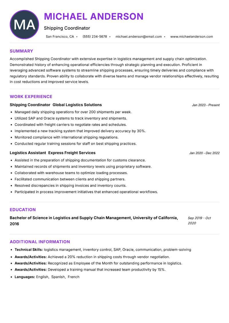 Shipping Coordinator resume example