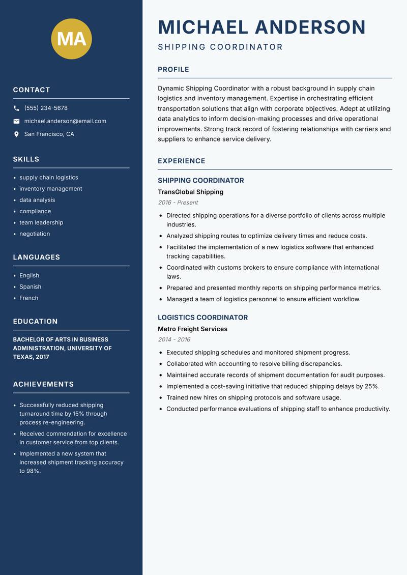 Shipping Coordinator resume sample — Shipping Coordinator focus