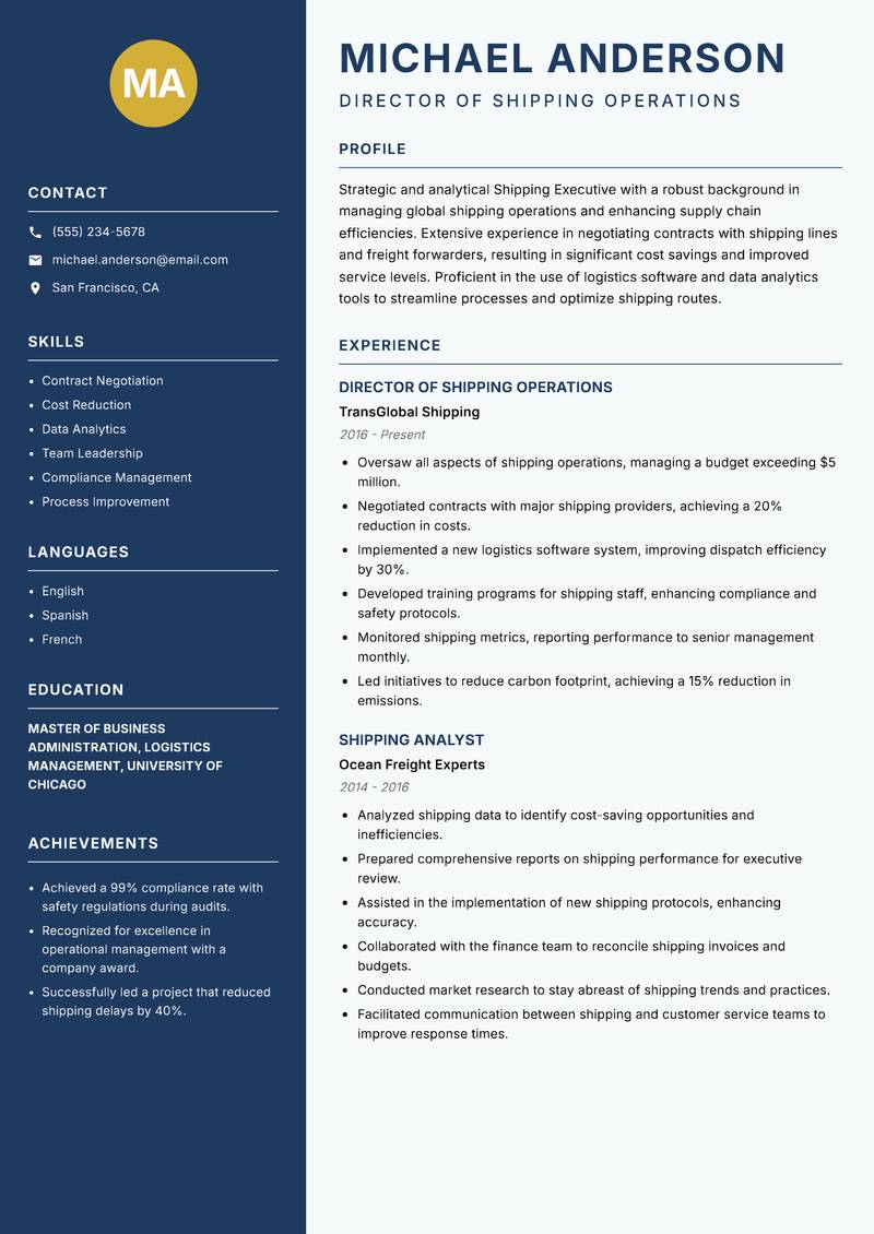Shipping Executive resume sample — Director of Shipping Operations focus
