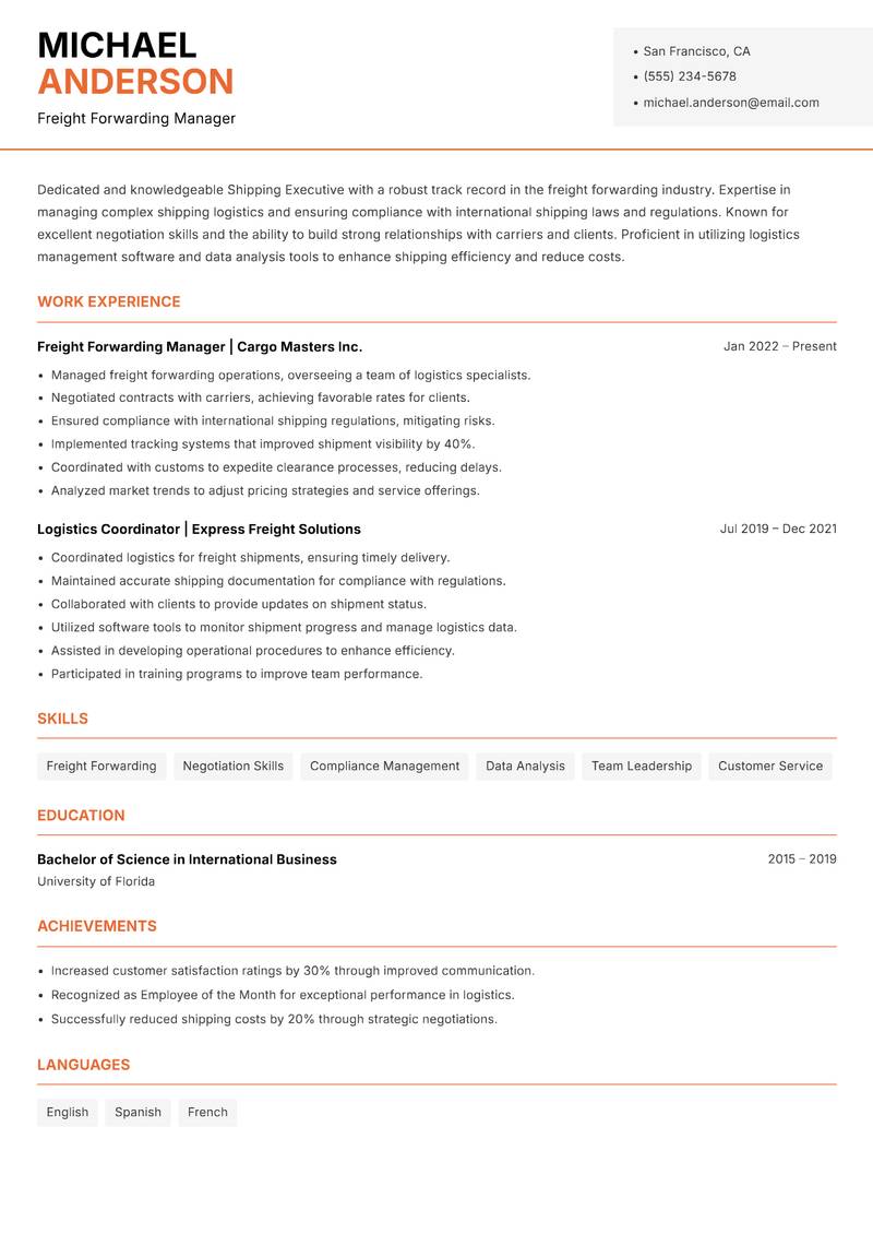 Shipping Executive resume sample — Freight Forwarding Manager focus