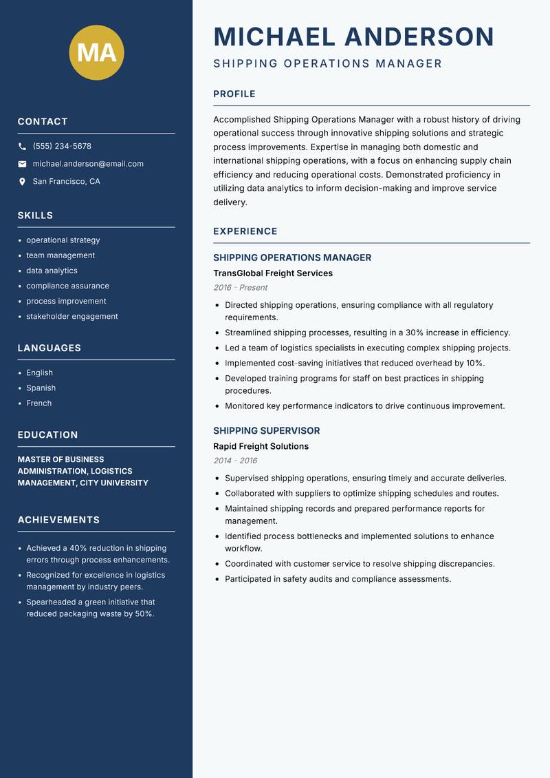 Shipping Operations Manager resume sample — Shipping Operations Manager focus