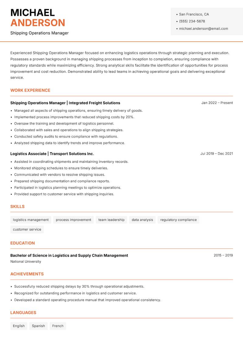 Shipping Operations Manager resume sample — Shipping Operations Manager focus