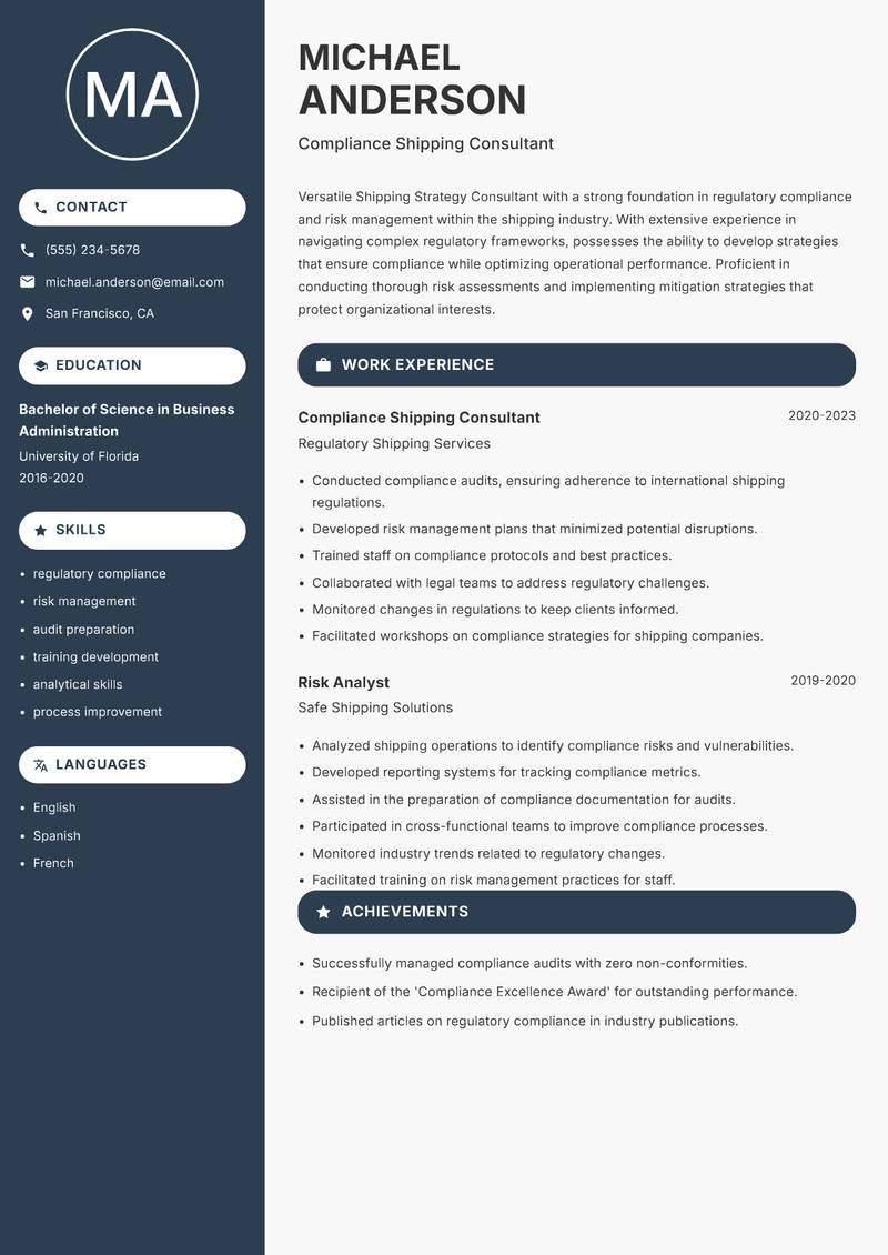 Shipping Strategy Consultant resume sample — Compliance Shipping Consultant focus