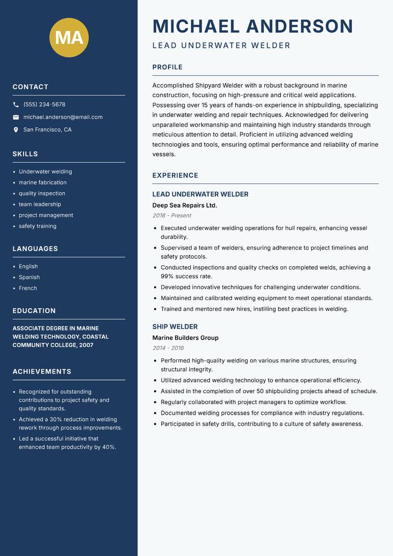 Shipyard Welder resume sample — Lead Underwater Welder focus