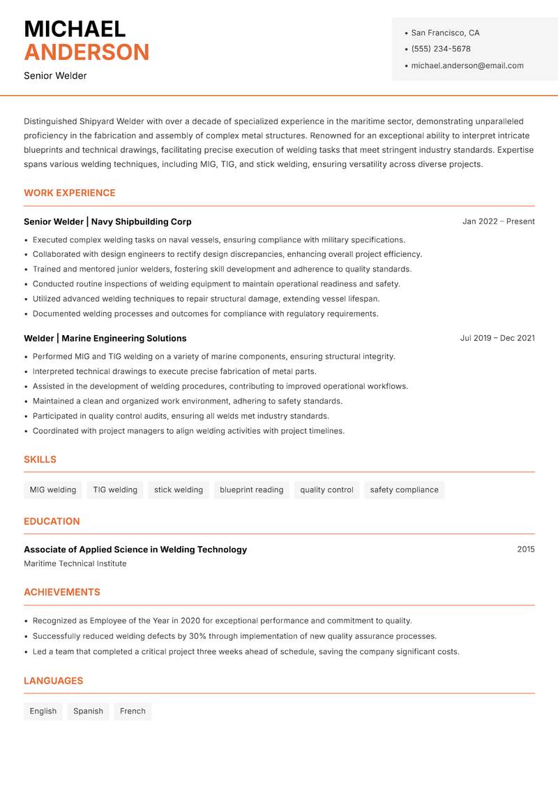 Shipyard Welder resume sample — Senior Welder focus