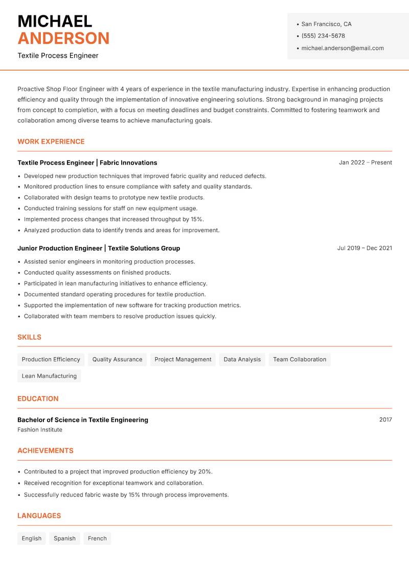Shop Floor Engineer resume sample — Textile Process Engineer focus