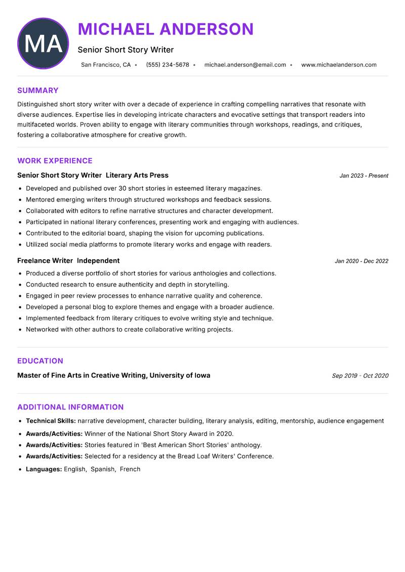Short Story Writer resume example