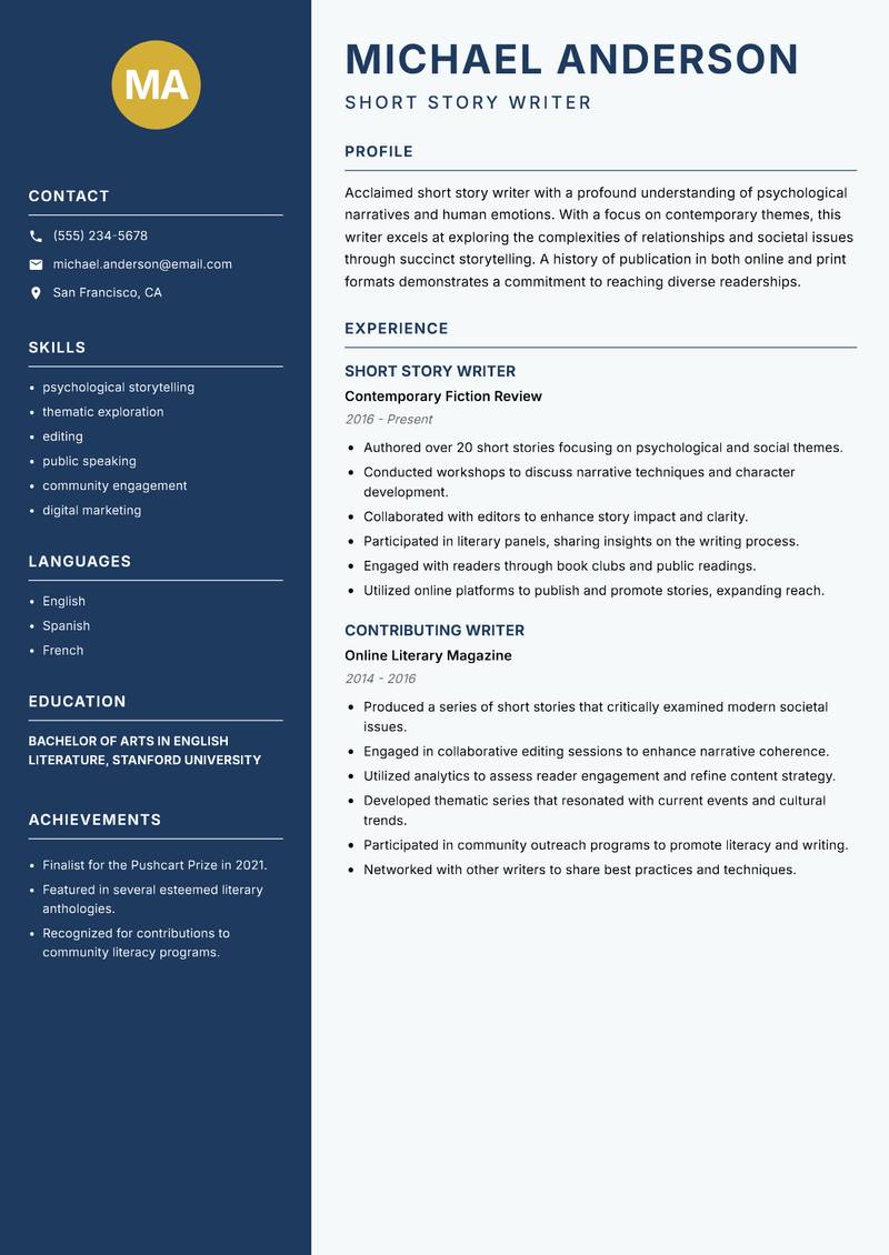 Short Story Writer resume sample — Short Story Writer focus
