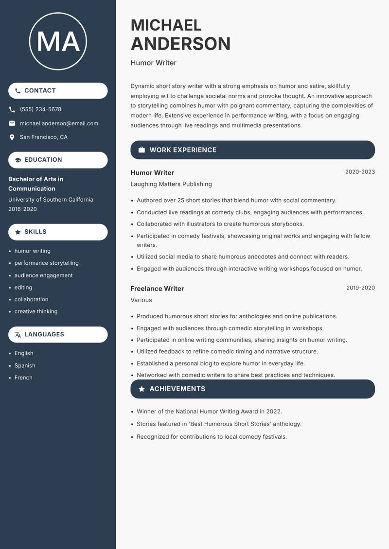 Short Story Writer resume sample — Humor Writer focus