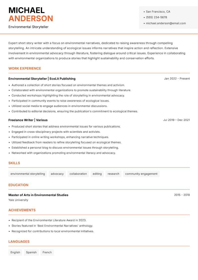 Short Story Writer resume sample — Environmental Storyteller focus