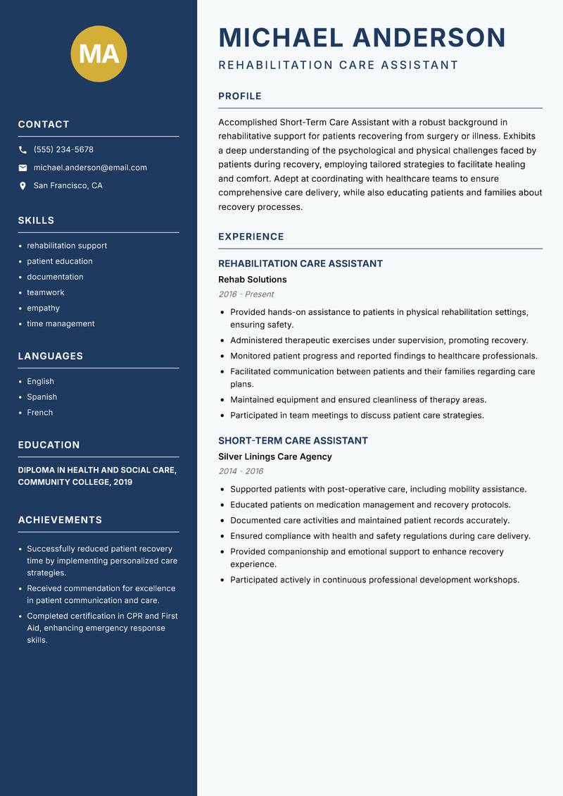 Short-Term Care Assistant resume sample — Rehabilitation Care Assistant focus