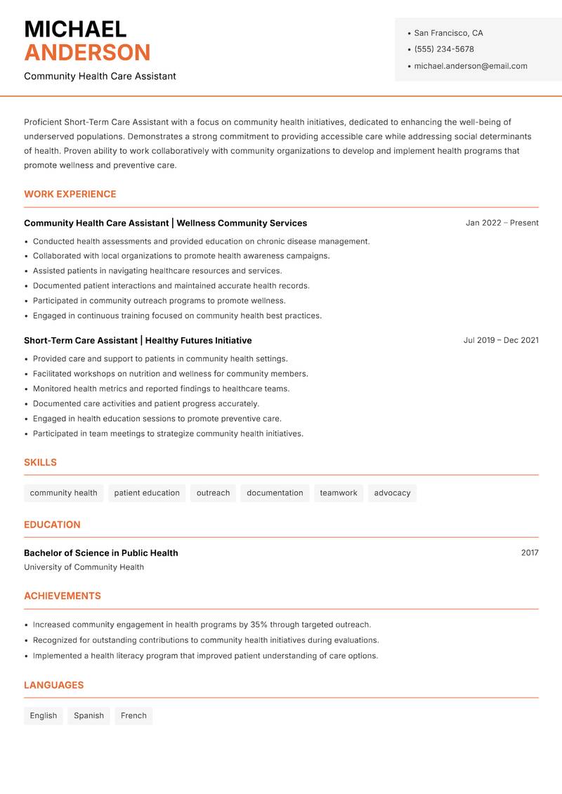 Short-Term Care Assistant resume sample — Community Health Care Assistant focus