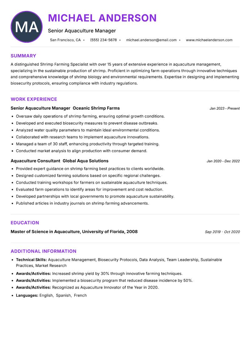 Shrimp Farming Specialist resume example