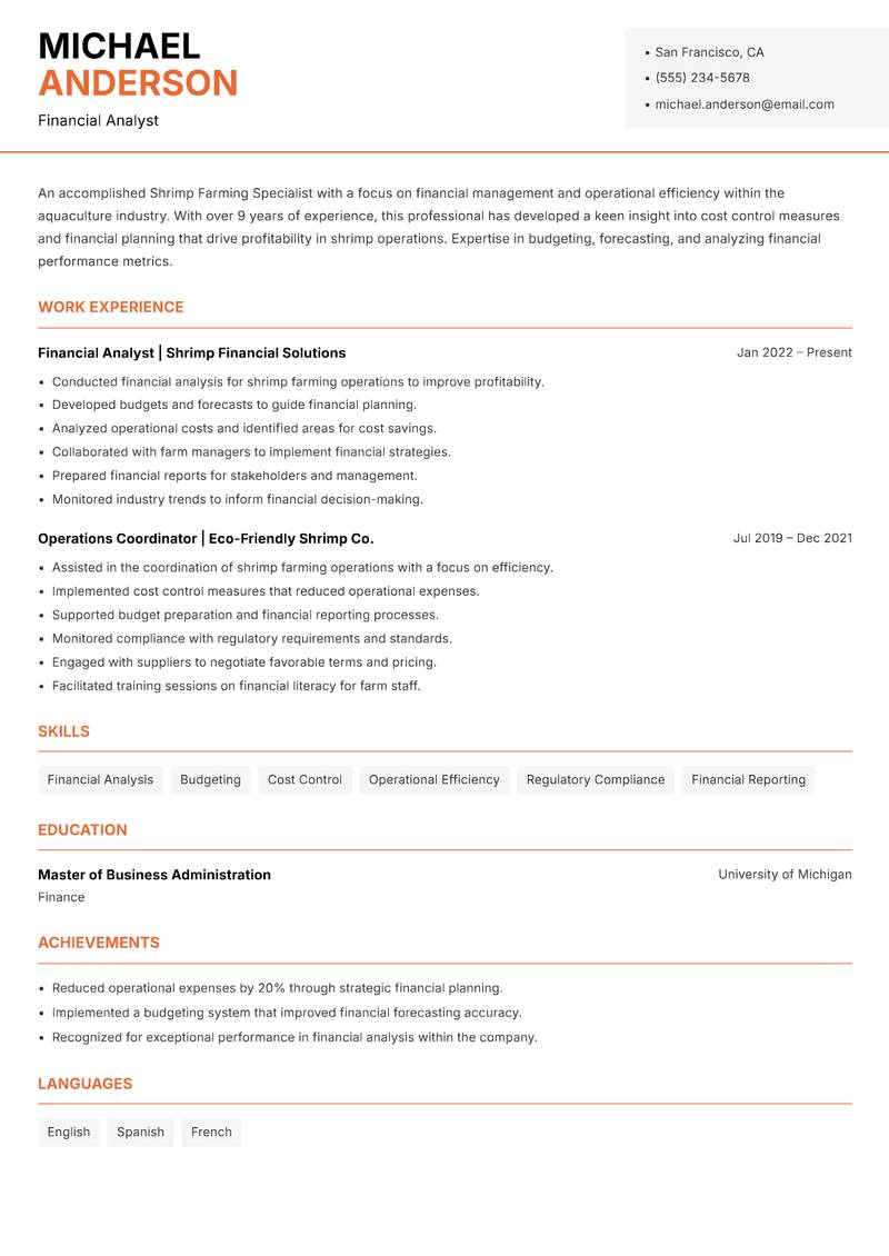 Shrimp Farming Specialist resume sample — Financial Analyst focus