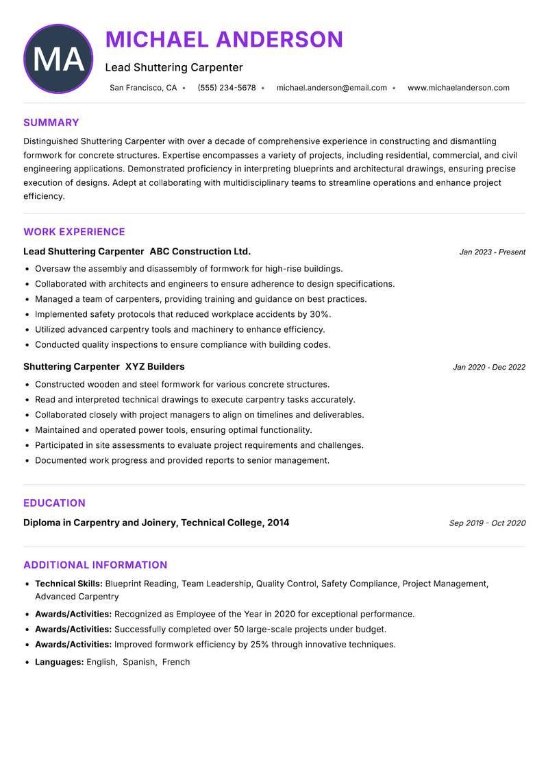 Shuttering Carpenter resume example