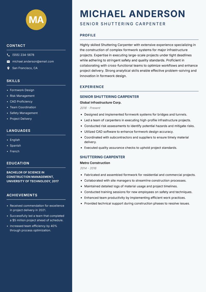 Shuttering Carpenter resume sample — Senior Shuttering Carpenter focus