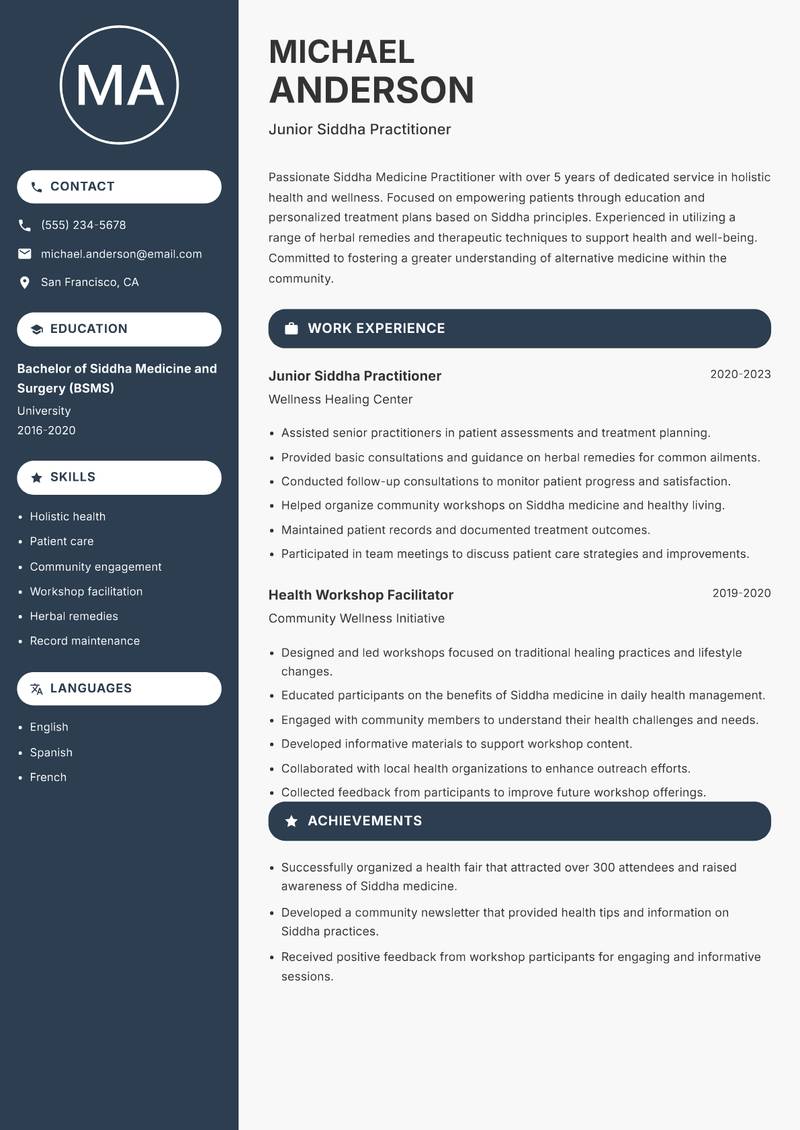 Siddha Medicine Practitioner resume sample — Junior Siddha Practitioner focus