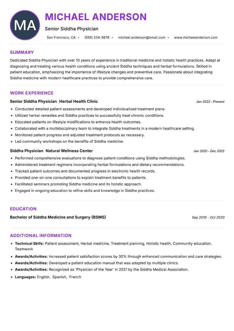 Siddha Physician resume example