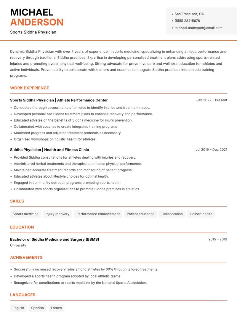 Siddha Physician resume sample — Sports Siddha Physician focus
