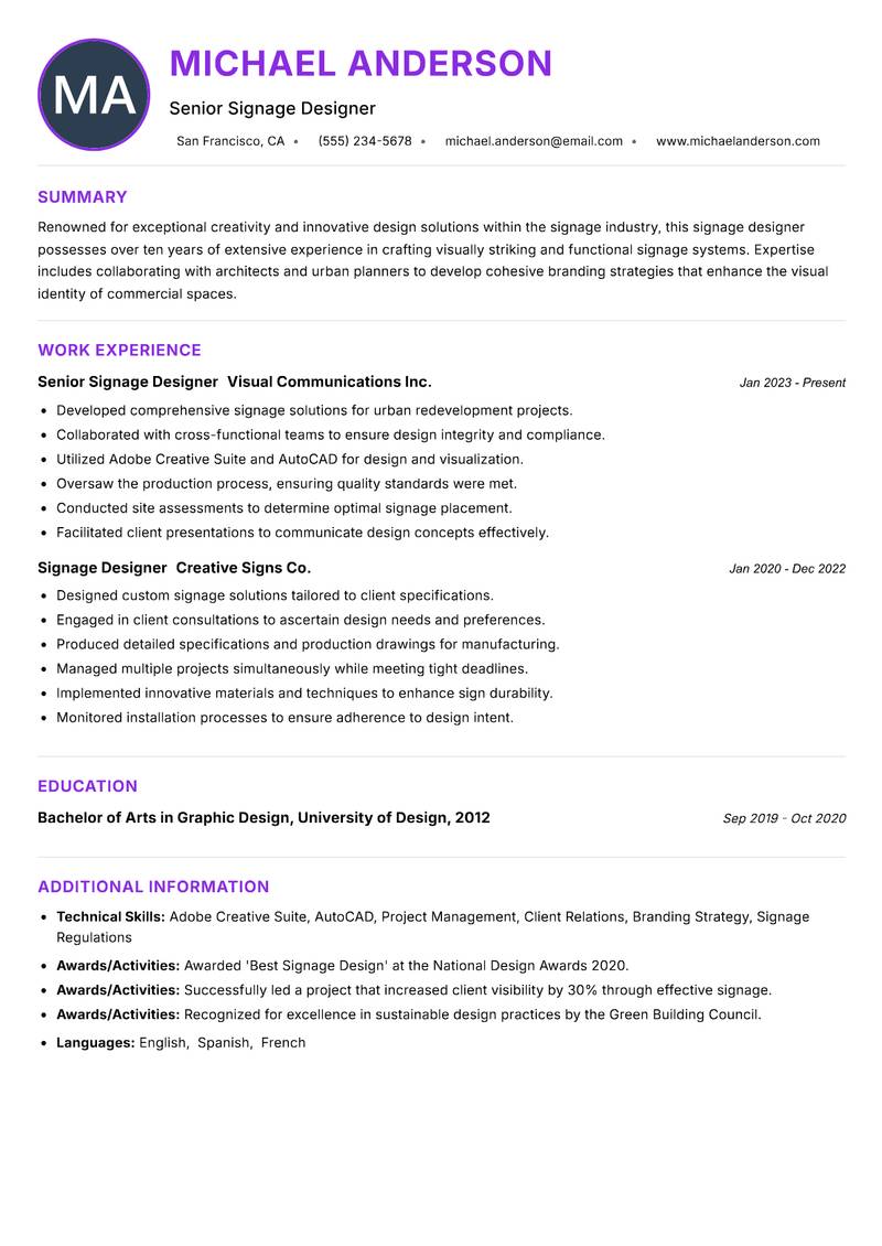 Signage Designer resume example
