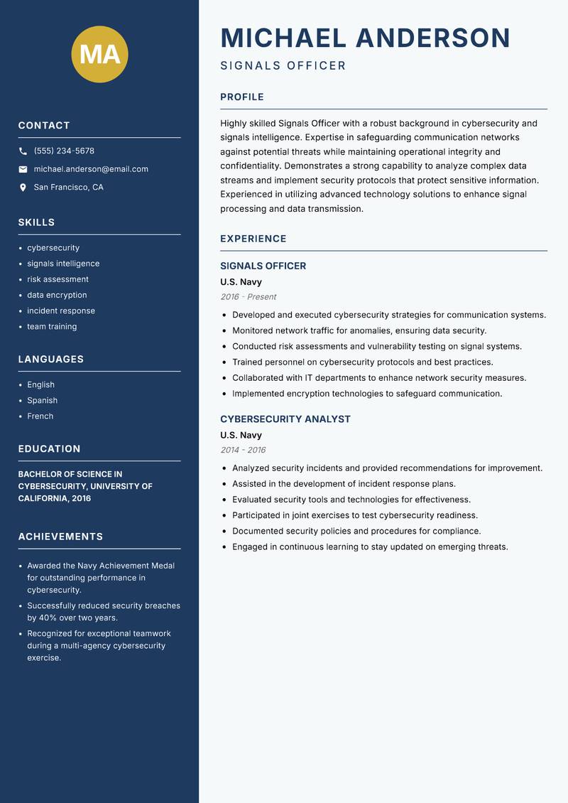 Signals Officer resume sample — Signals Officer focus