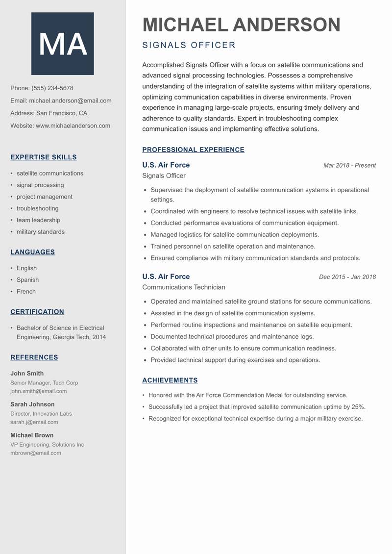 Signals Officer resume sample — Signals Officer focus