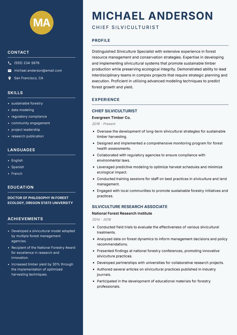 Silviculture Specialist resume sample — Chief Silviculturist focus