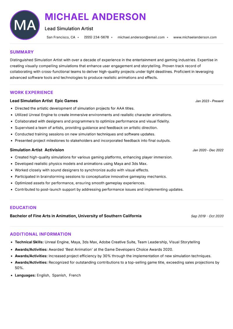 Simulation Artist resume example