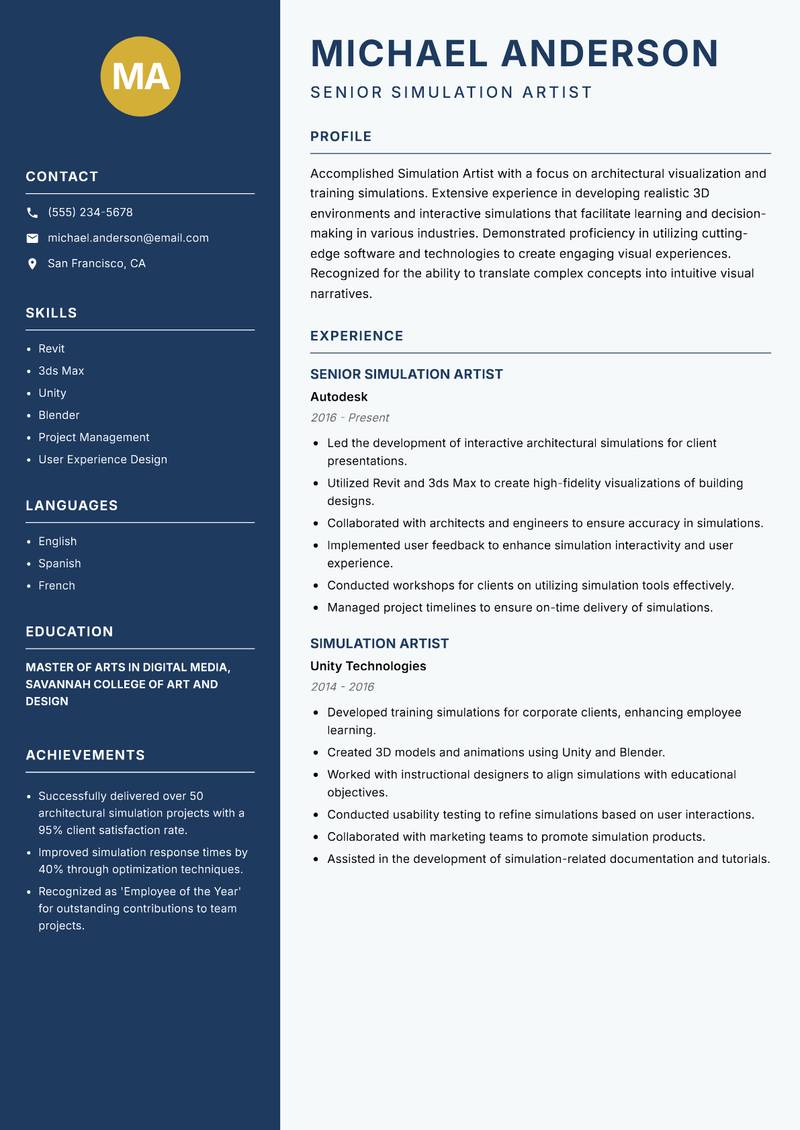 Simulation Artist resume sample — Senior Simulation Artist focus
