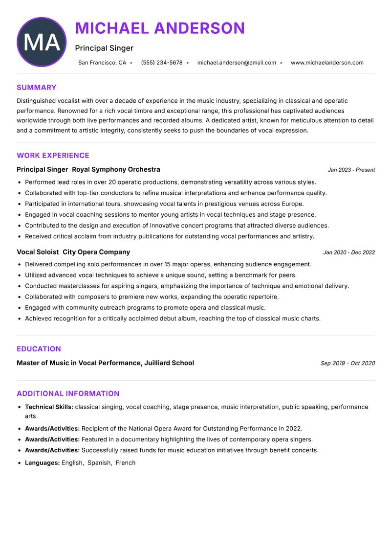 Singer resume example